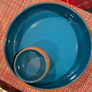 Vintage teal blue Himark Terracotta Pottery Southwest chips and dip bowl.